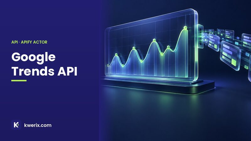 Google Trends API illustration: a line chart with seasonal peaks streaming structured JSON rows