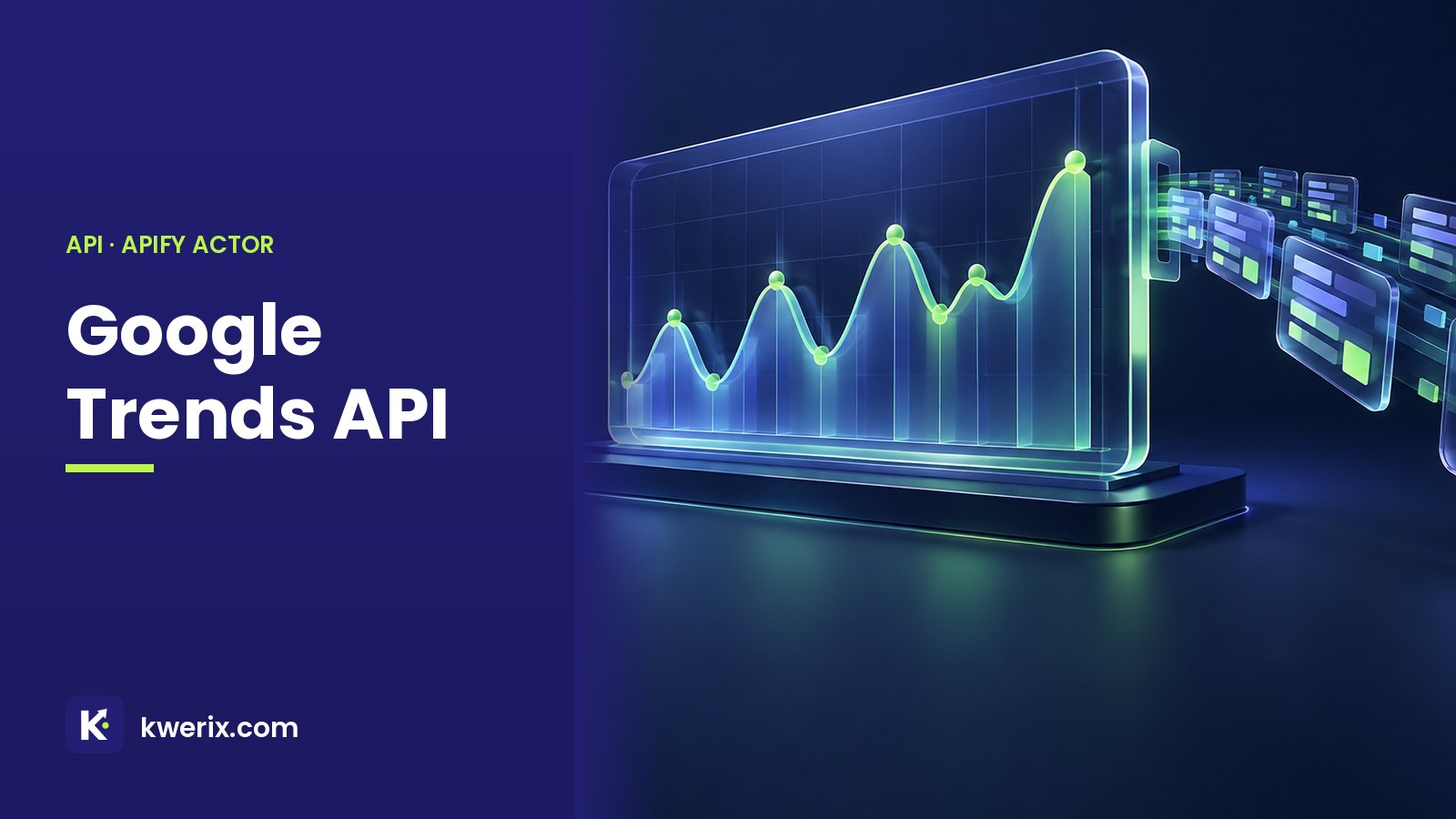 Google Trends API illustration: a line chart with seasonal peaks streaming structured JSON rows