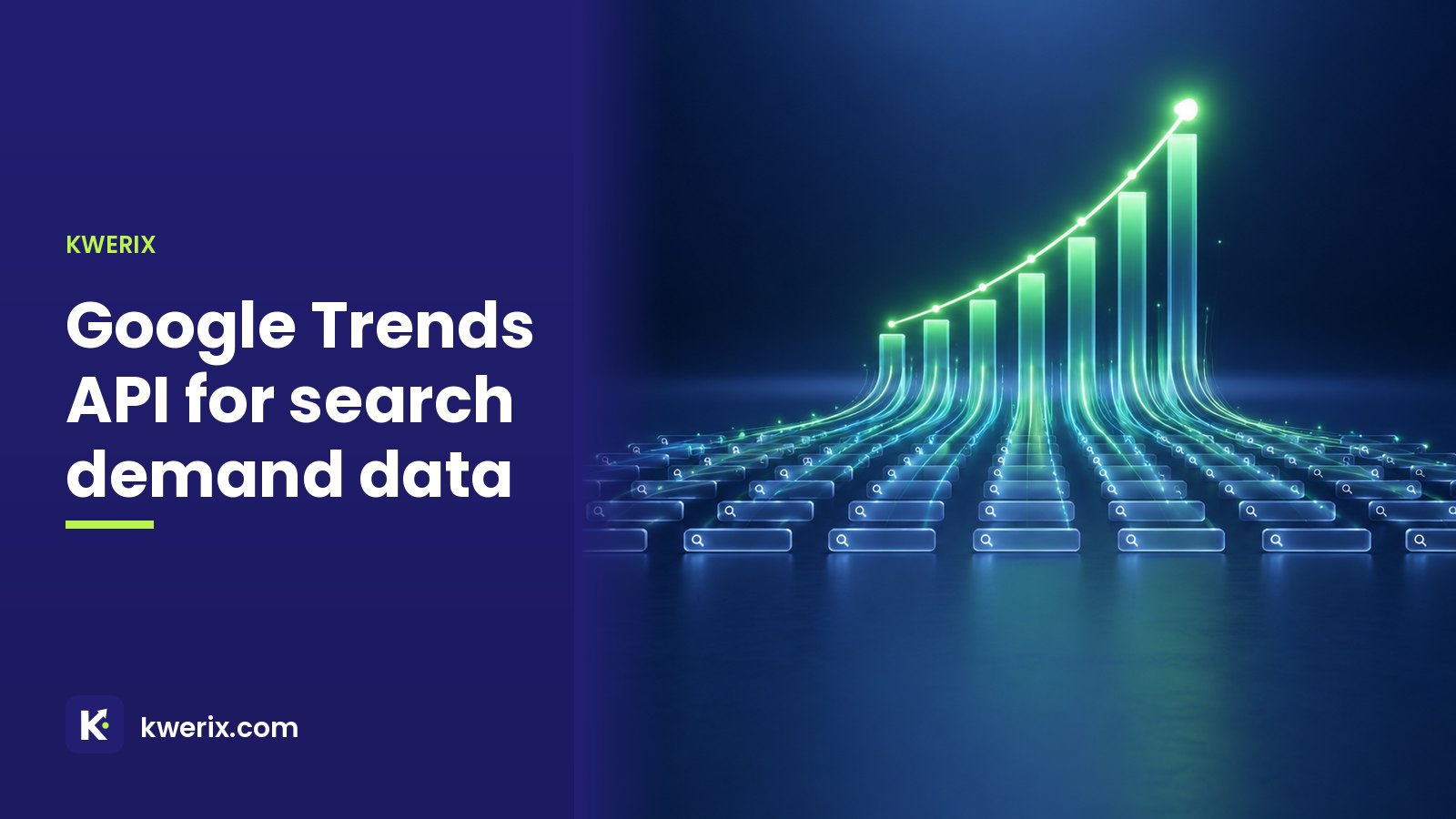 Kwerix Google Trends API illustration: search boxes feeding a rising line chart of search demand