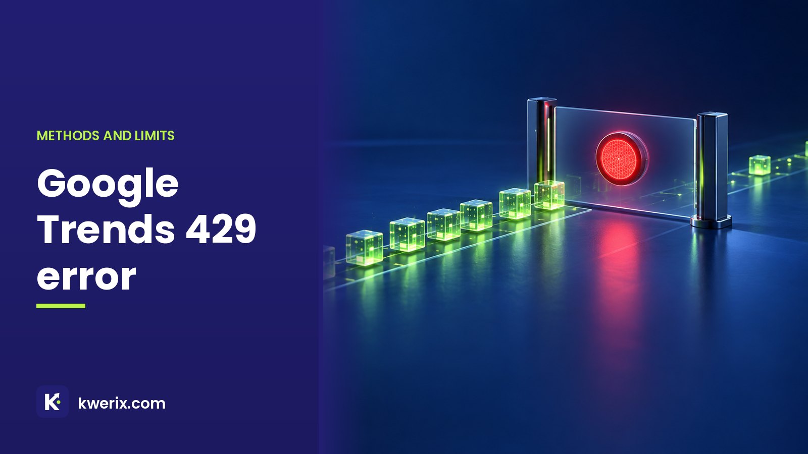 Google Trends 429 error illustration: request packets stopped by a glass barrier with a red stop light