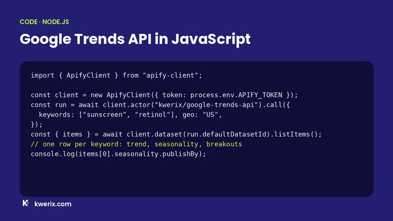 JavaScript code that calls the Google Trends API in JavaScript from Node.js with apify-client