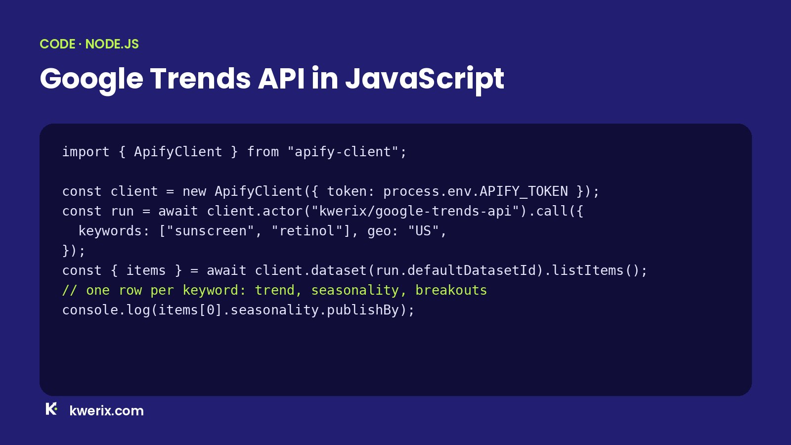 JavaScript code that calls the Google Trends API in JavaScript from Node.js with apify-client