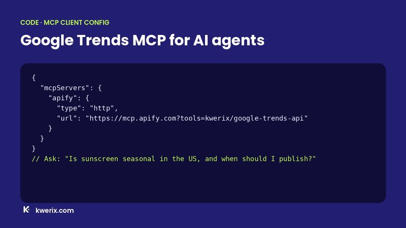 MCP client configuration that gives AI agents Google Trends MCP access to the Google Trends API