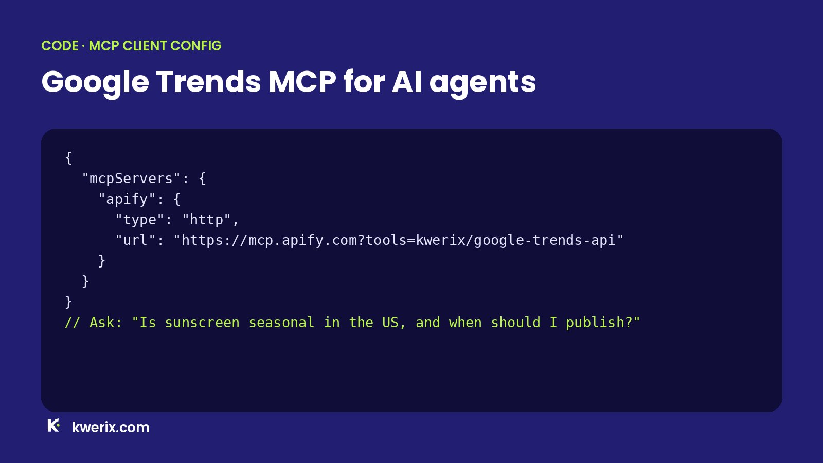 MCP client configuration that gives AI agents Google Trends MCP access to the Google Trends API