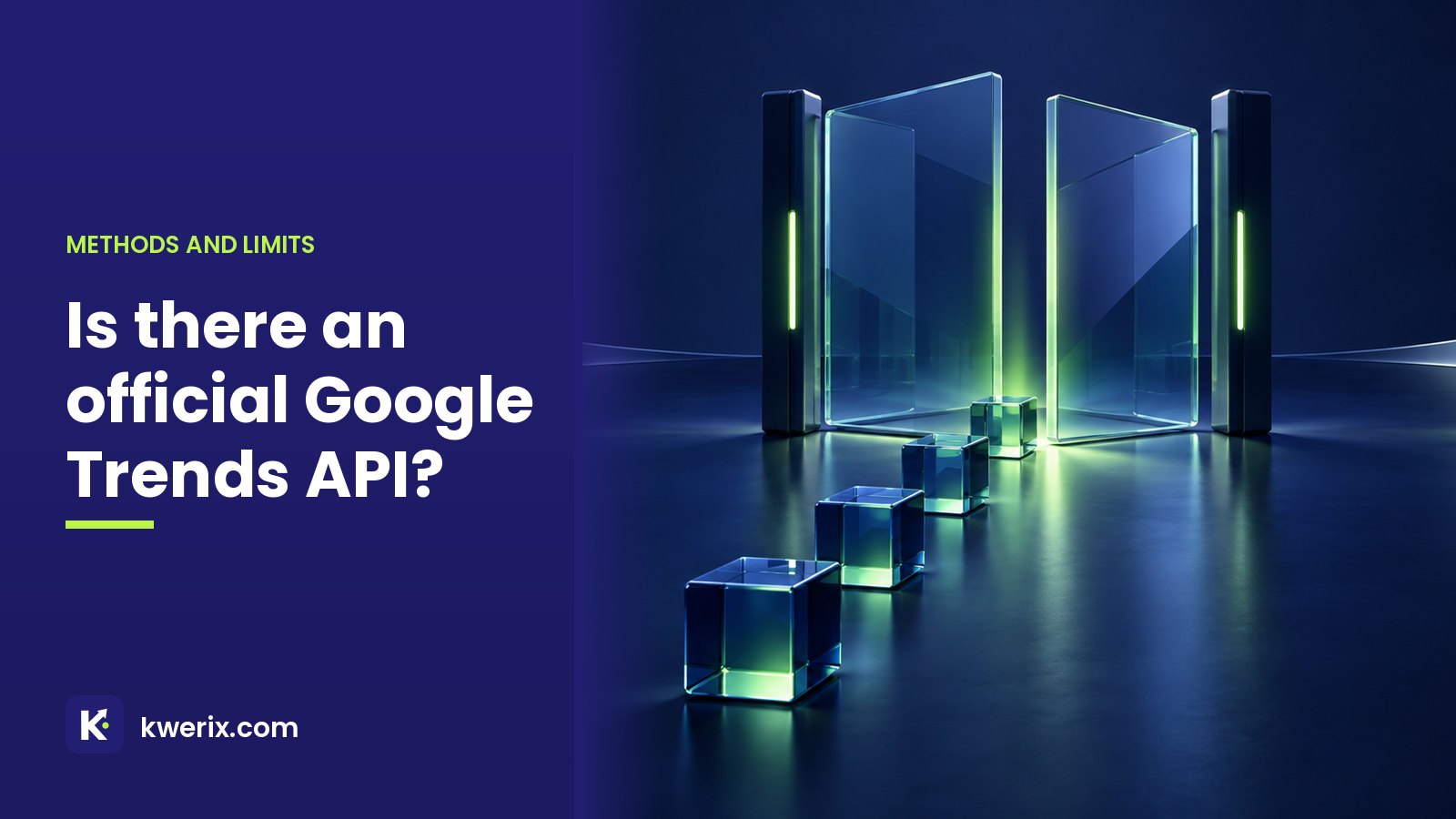 Official Google Trends API illustration: a glass gate half open with a short queue of data cubes waiting for access