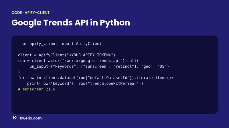 Python code that calls the Google Trends API in Python with apify-client and prints the trend per keyword