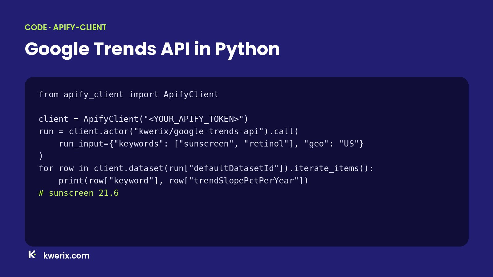 Python code that calls the Google Trends API in Python with apify-client and prints the trend per keyword
